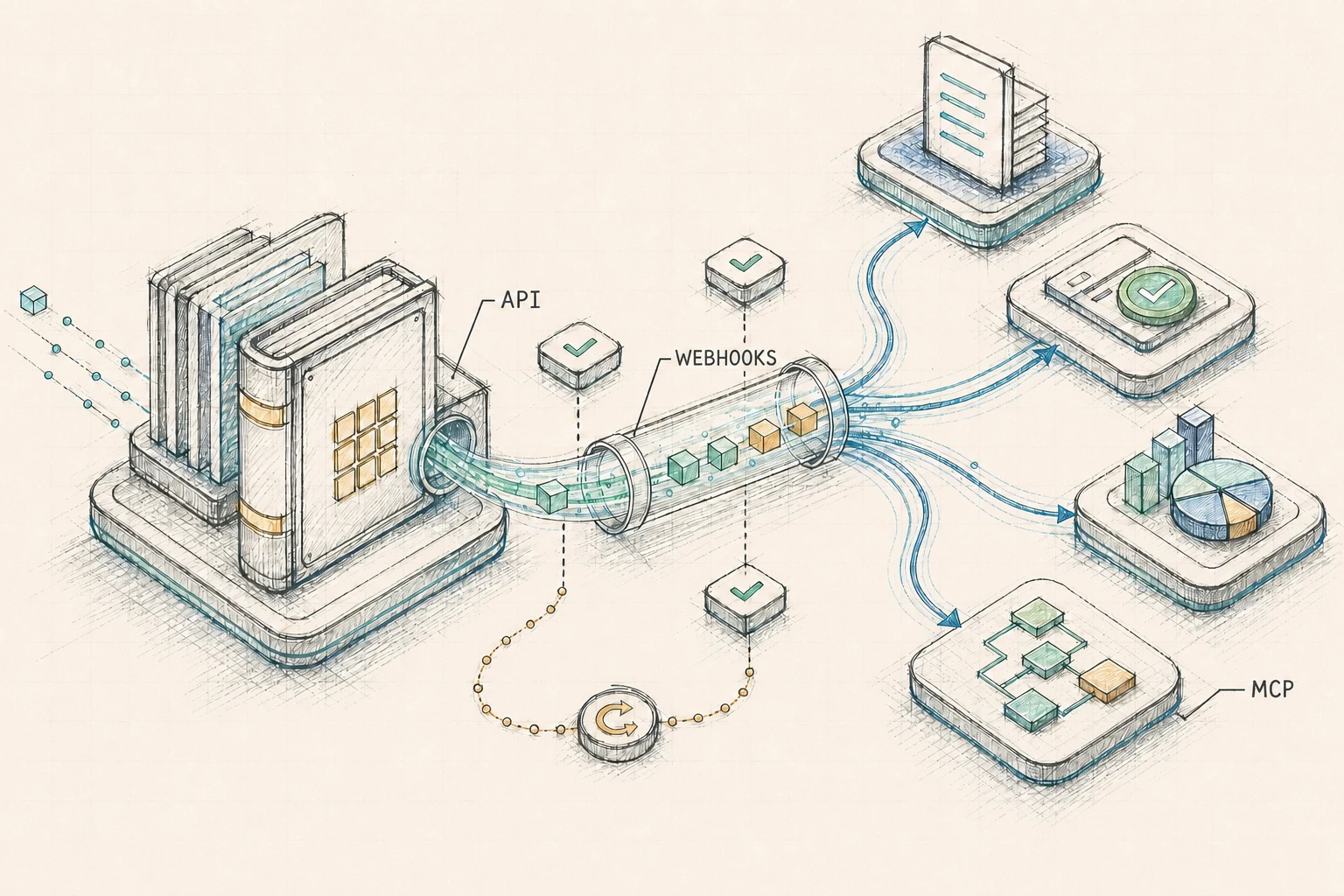 A secure accounting event stream connecting a ledger to several business workflows