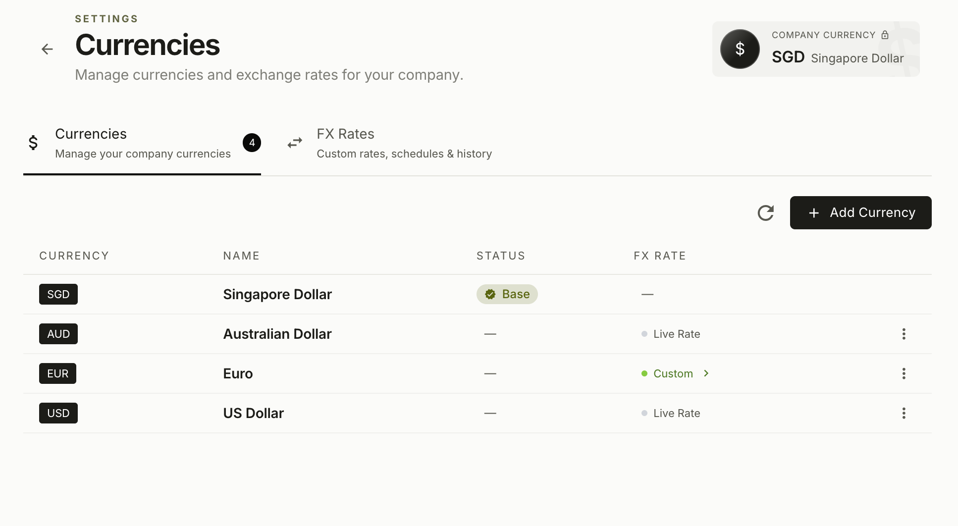 NewLedger currencies showing SGD as the base currency, live rates for AUD and USD, and a custom rate for EUR