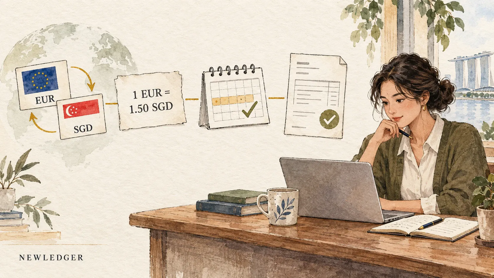 Watercolor sketch of an accountant reviewing a 1 EUR = 1.50 SGD rate, a marked calendar, and a checked invoice