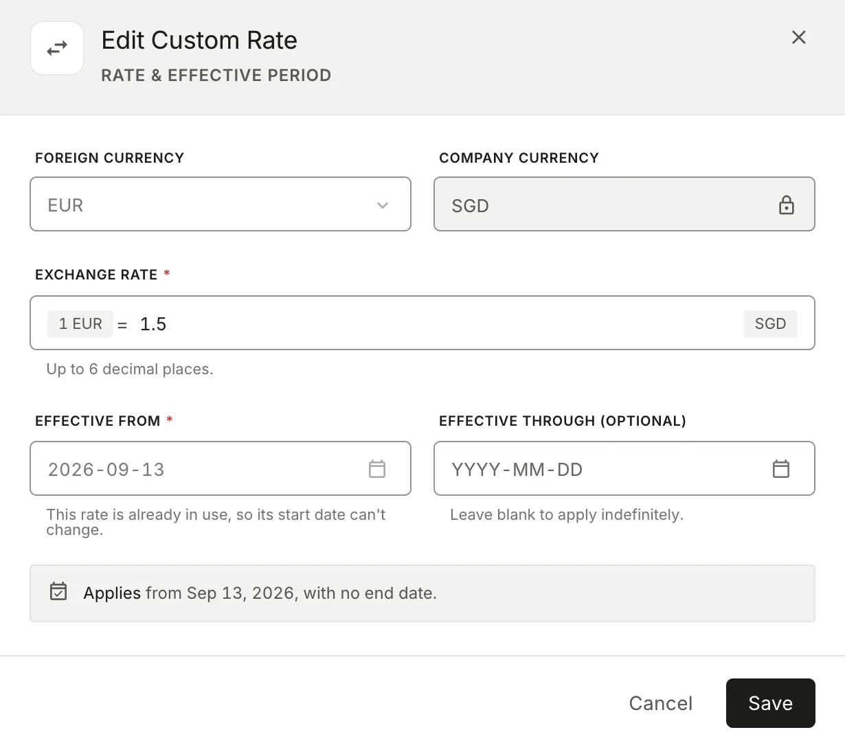 Edit Custom Rate showing a locked start date for a rate already in use