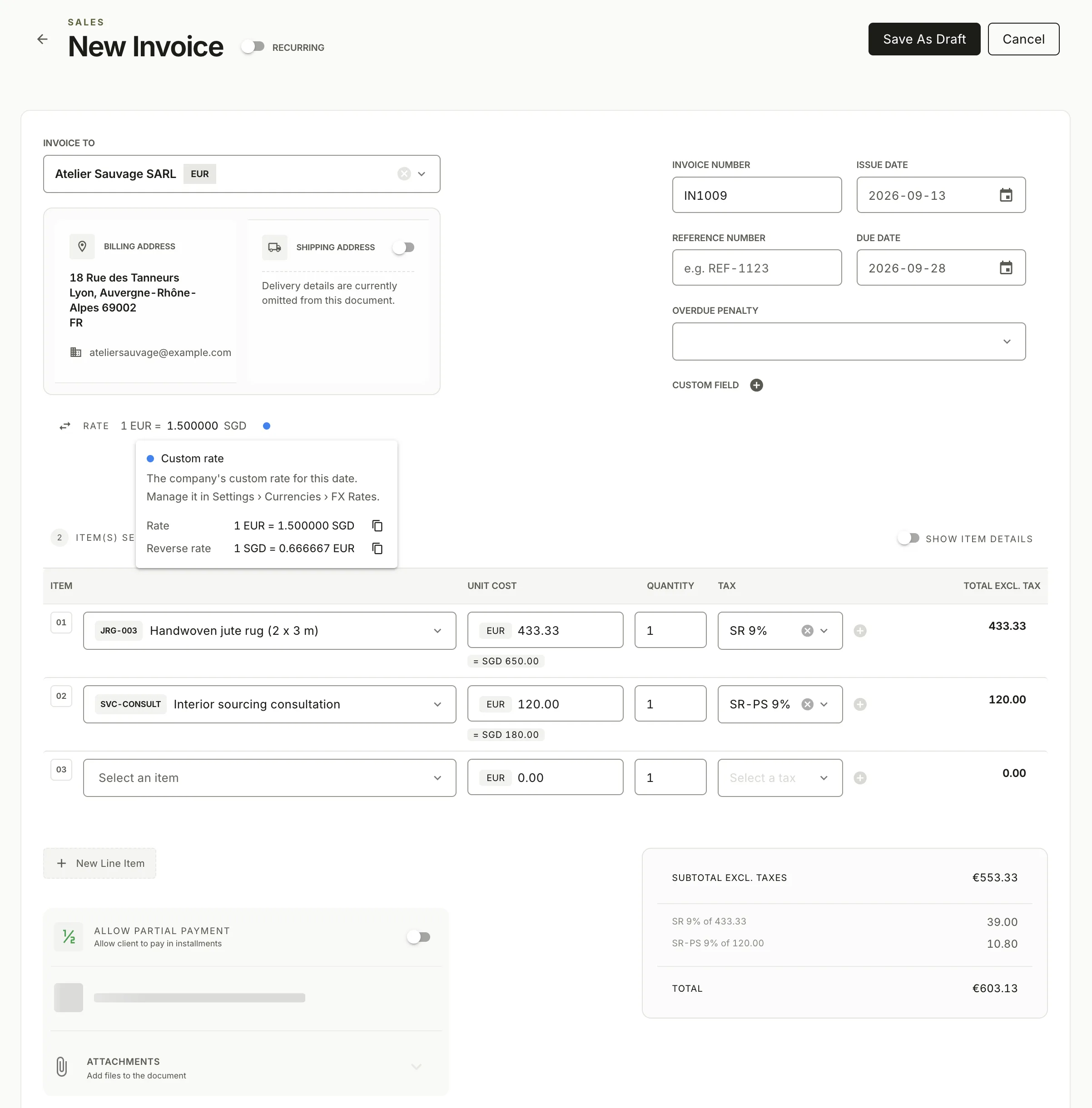NewLedger invoice showing the company custom rate for its date and the reverse rate