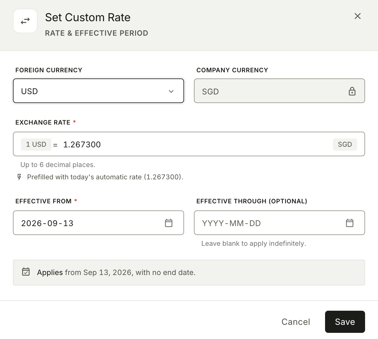 NewLedger Set Custom Rate dialog with USD to SGD prefilled from today's automatic rate
