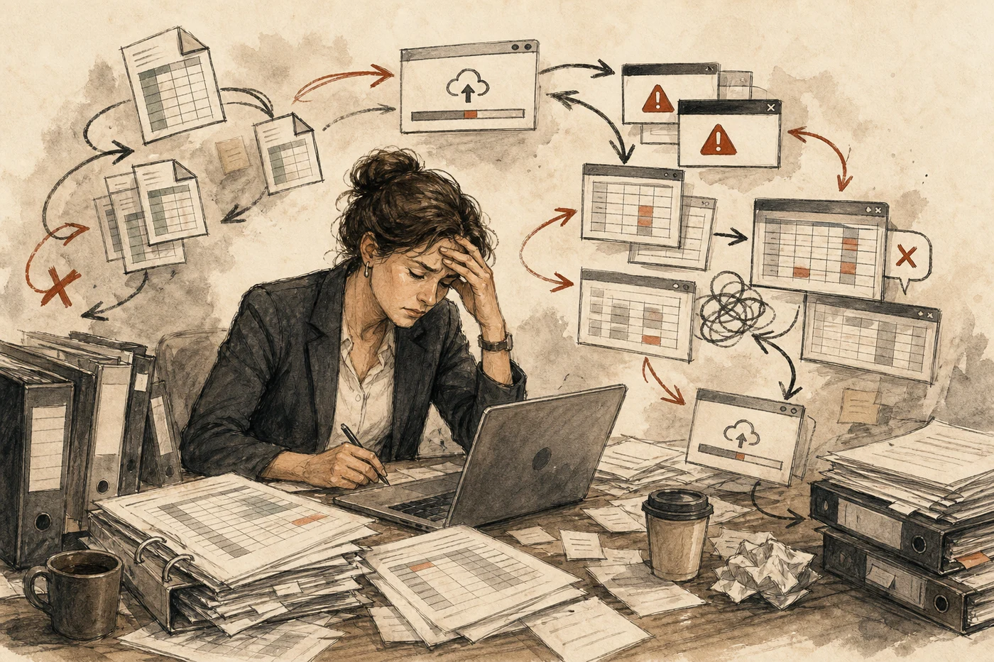 A finance professional caught in the repetitive upload, error, spreadsheet edit, and re-upload cycle