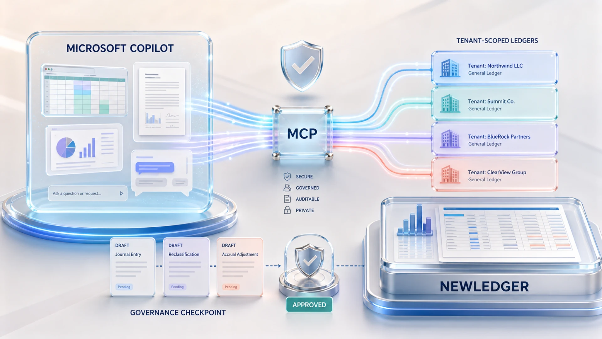 Microsoft Copilot connected to NewLedger through a company-scoped MCP gateway
