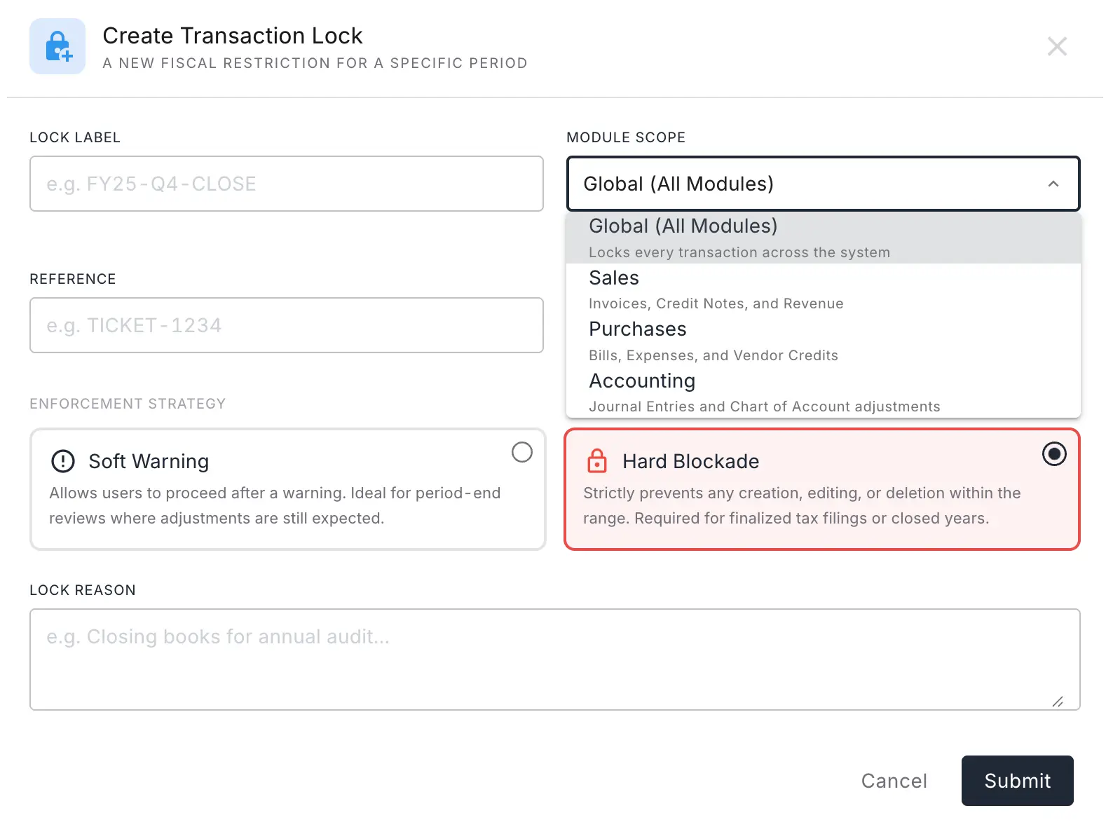 NewLedger transaction lock configuration screen