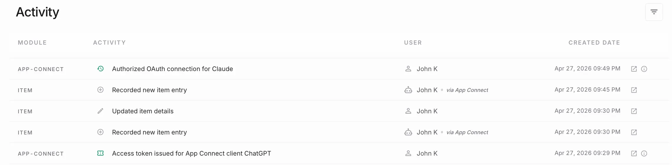 NewLedger agent activity history showing reviewable MCP and connected-system actions