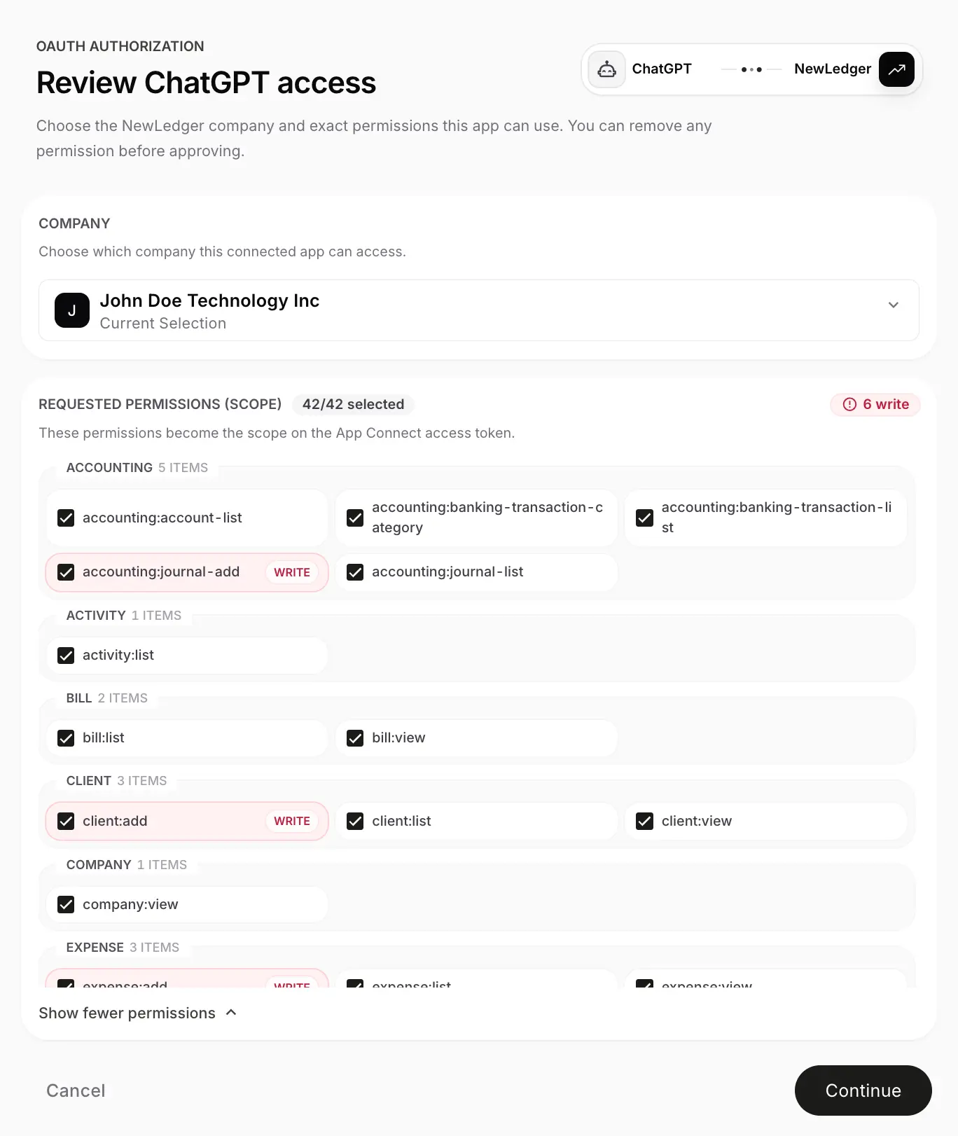 NewLedger OAuth consent screen for governed accounting access