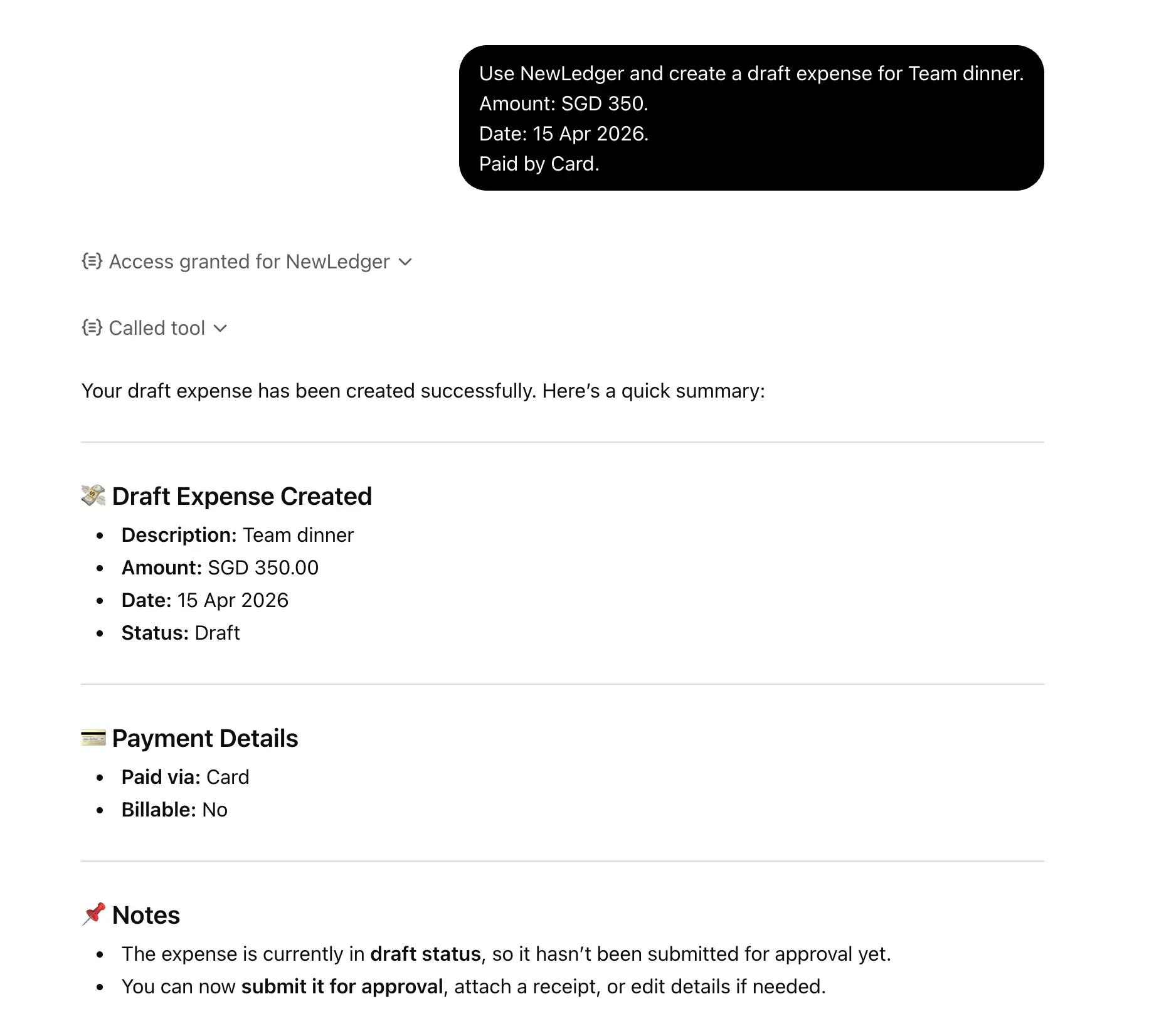 NewLedger MCP draft expense tool NewLedger MCP draft expense tool