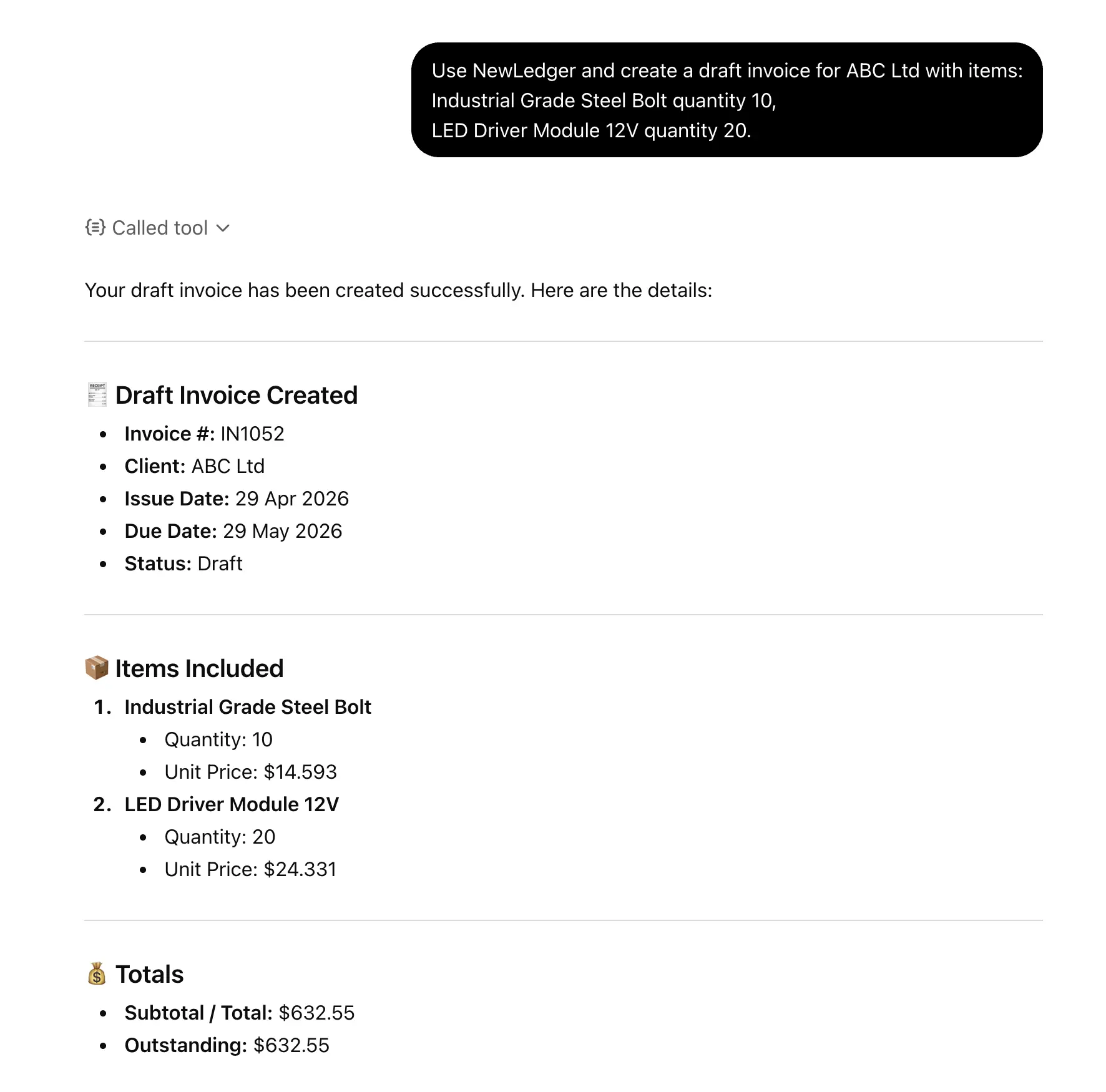 NewLedger MCP draft invoice tool NewLedger MCP draft invoice tool