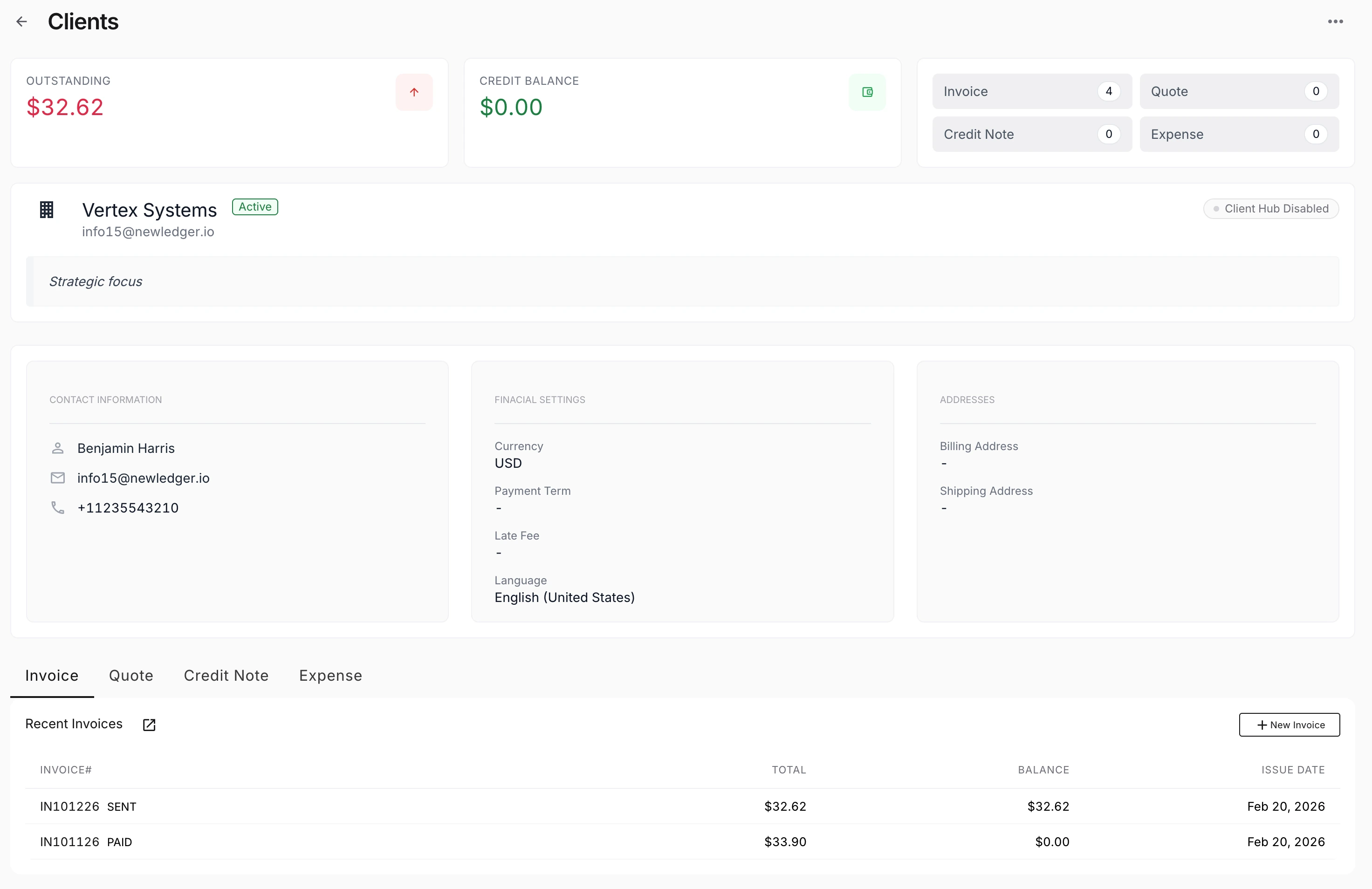 NewLedger client detail with balances and recent invoices