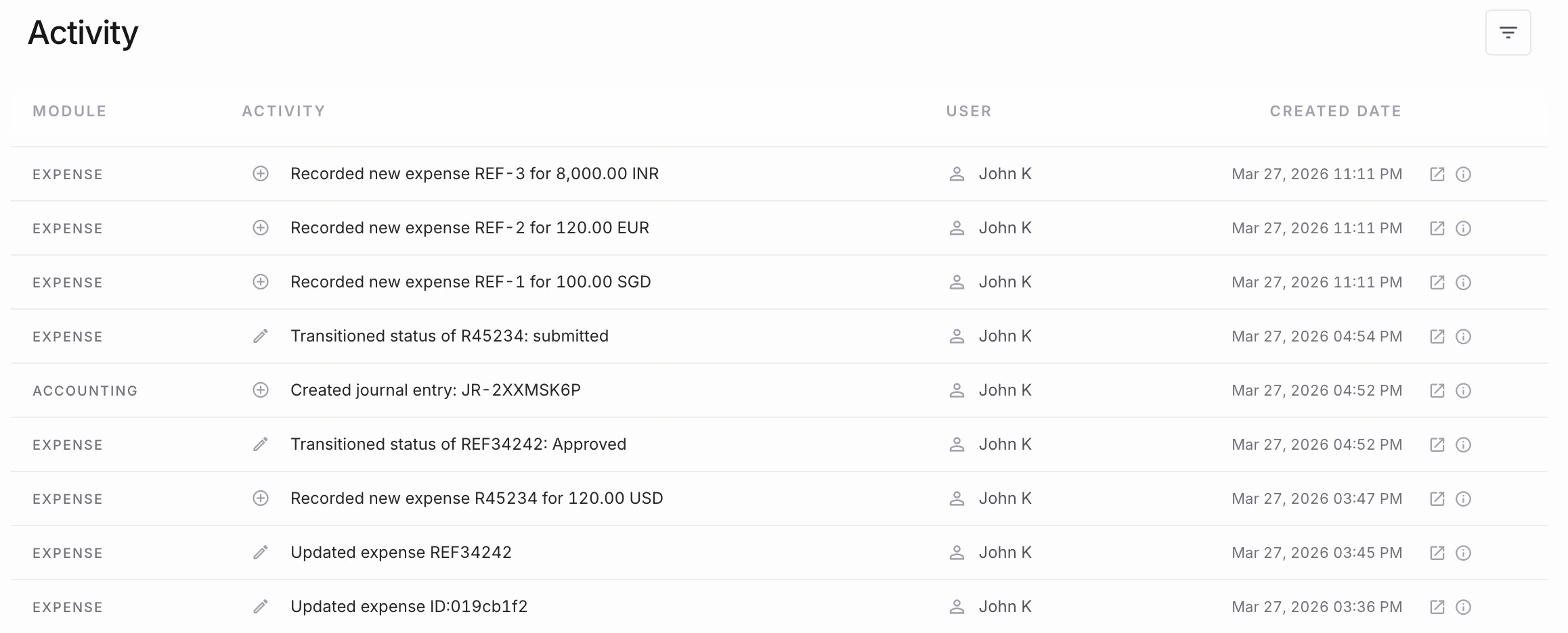 NewLedger expense activity and history screen
