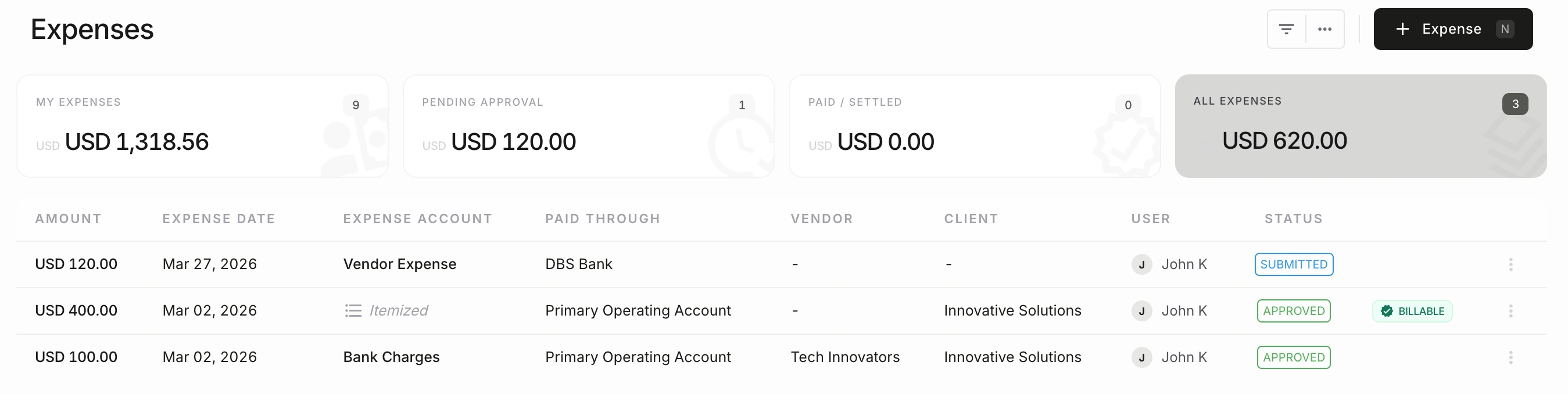 NewLedger expense list showing costs, clients, and approval status