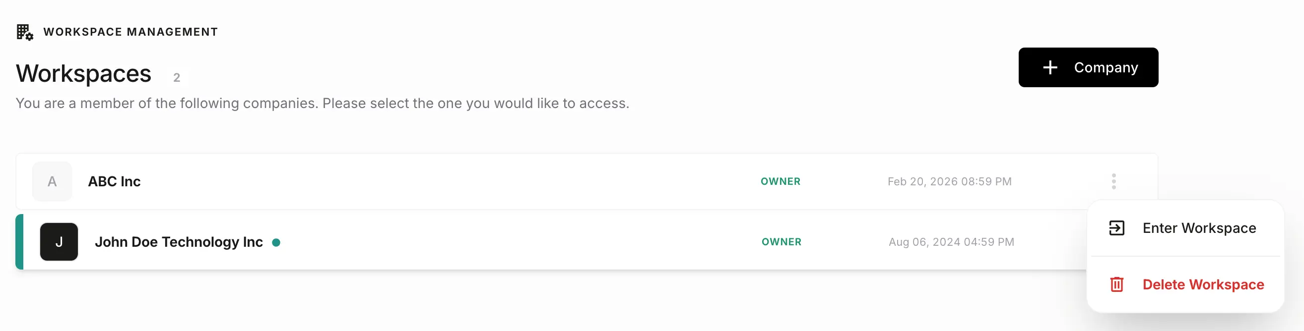 NewLedger multi-entity workspace used to open the subsidiary being closed