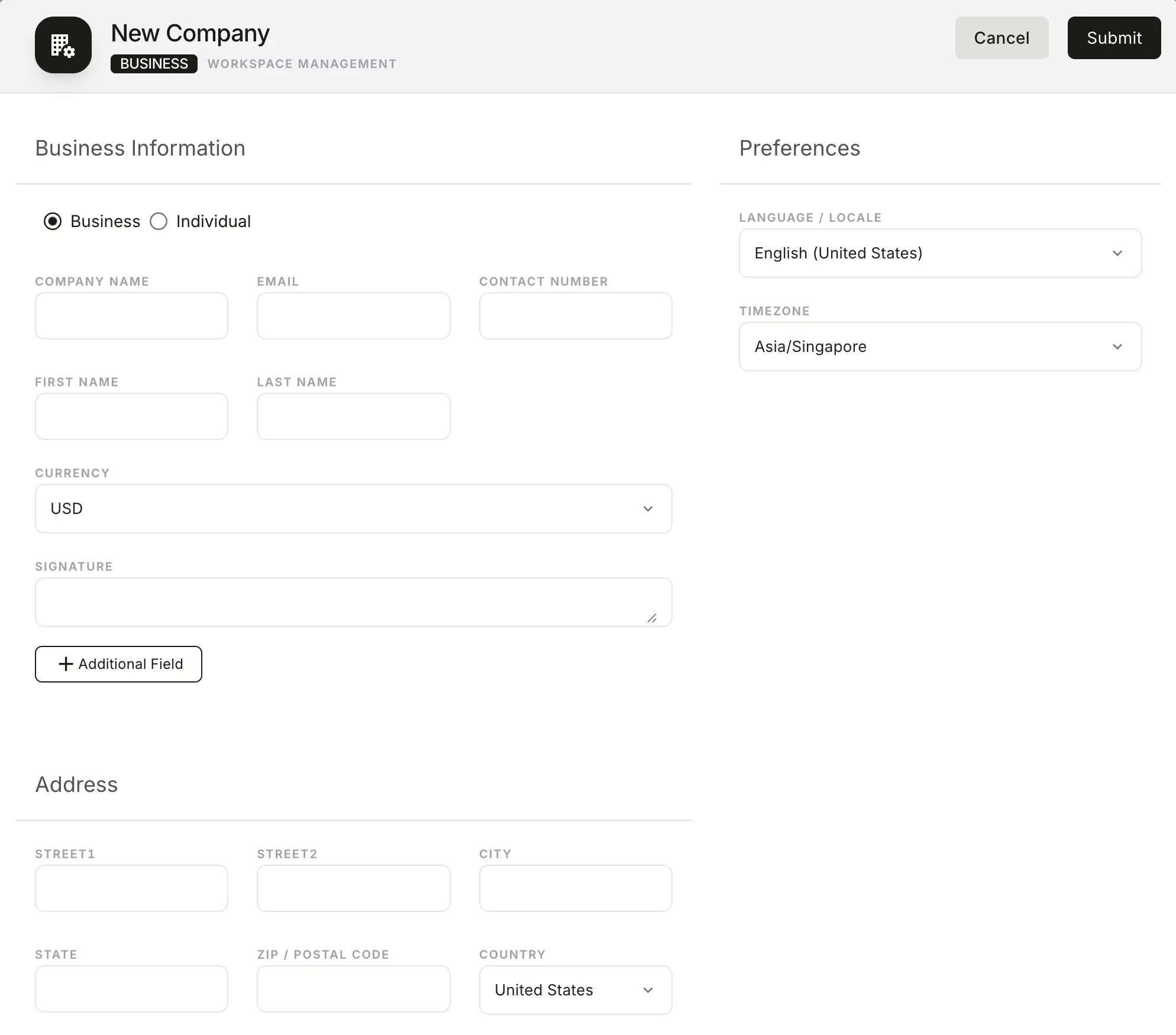 NewLedger new company setup form