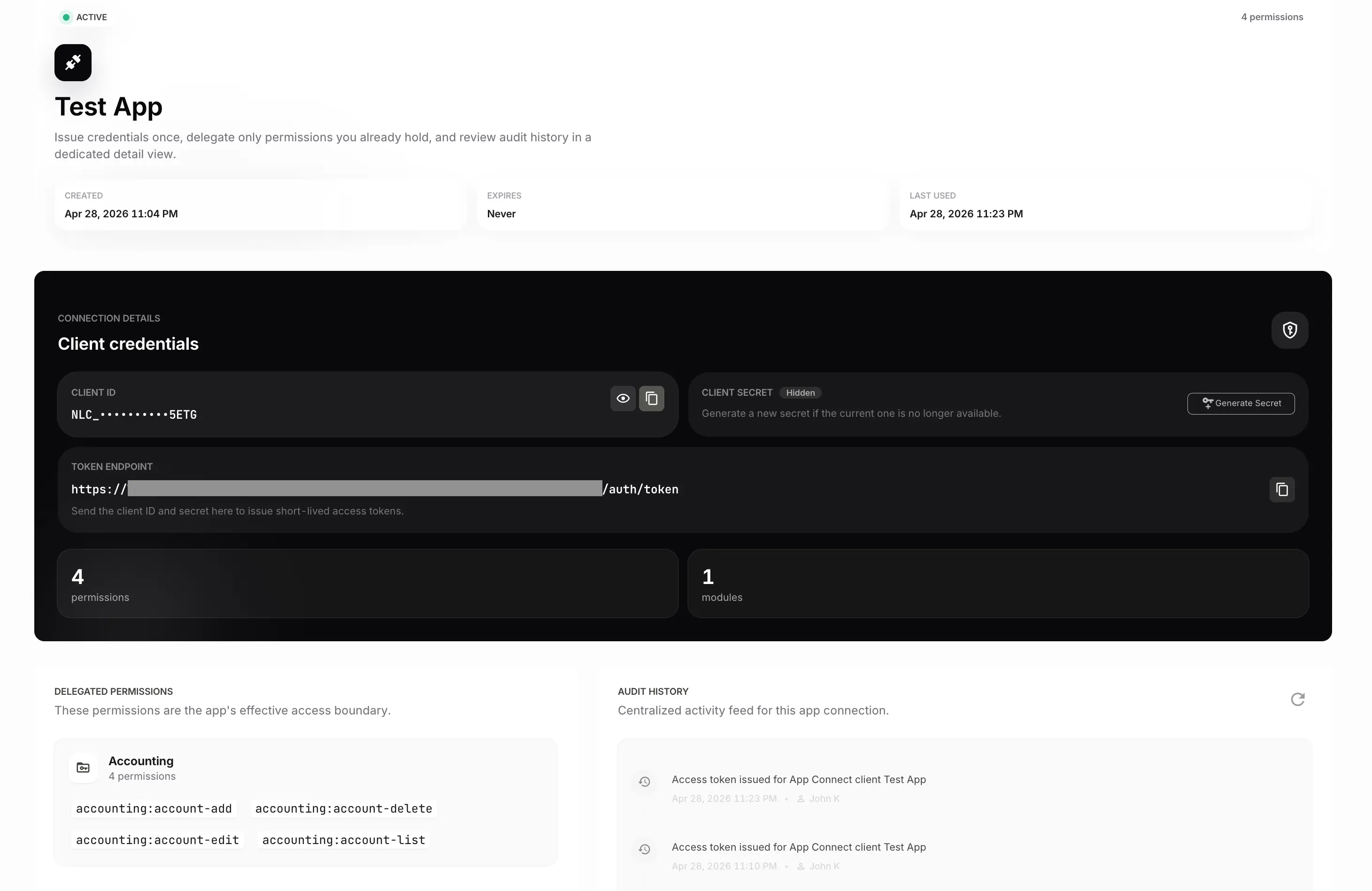 API credential detail with client ID and lifecycle actions