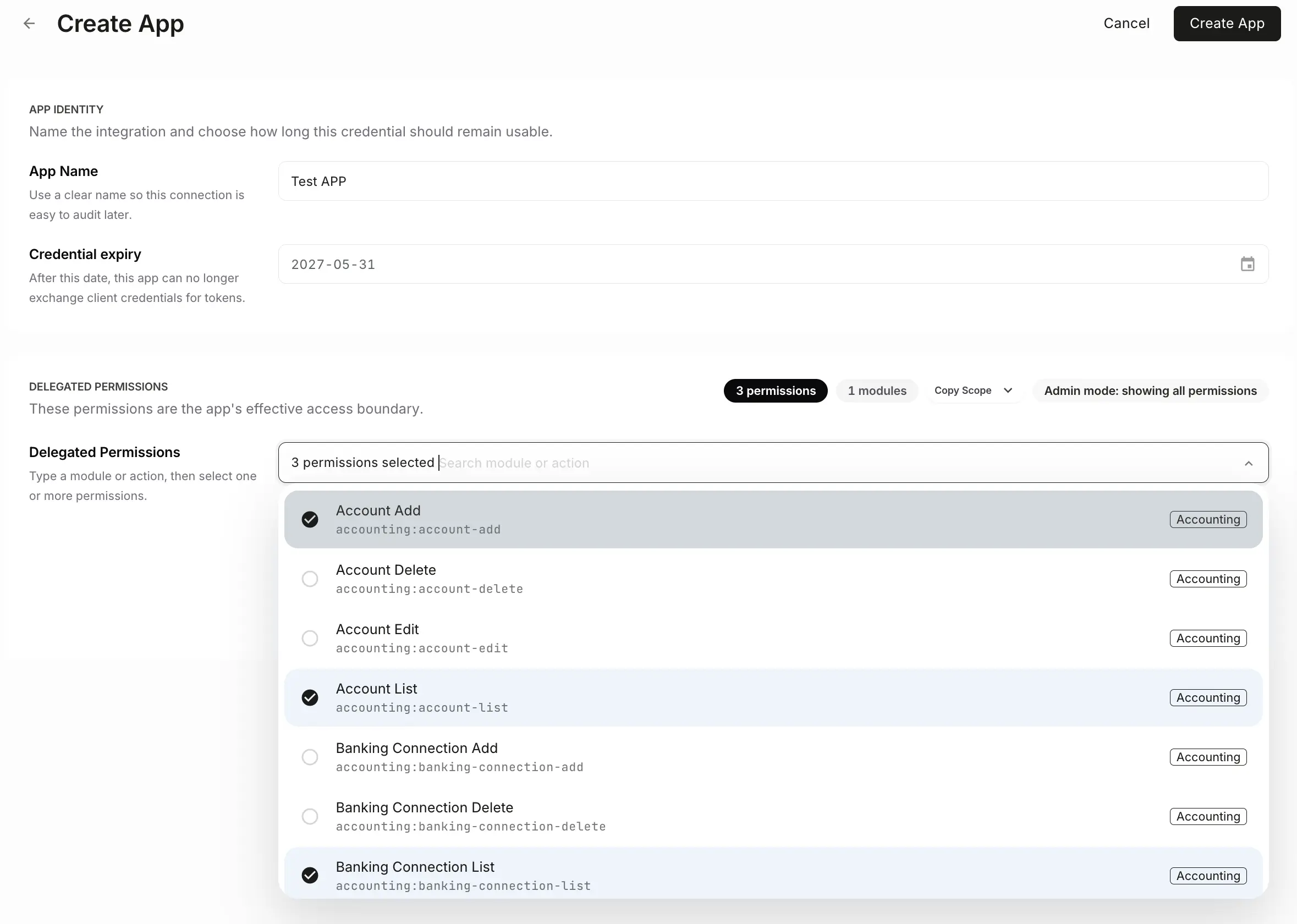 Create an API credential app with scoped permissions