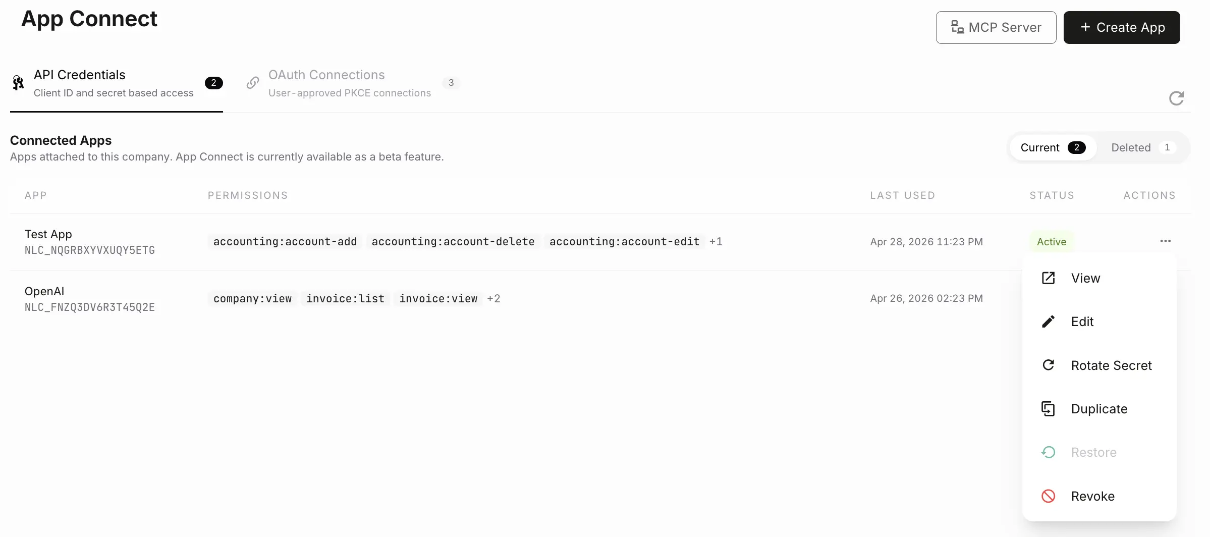 App Connect API credentials list in NewLedger settings