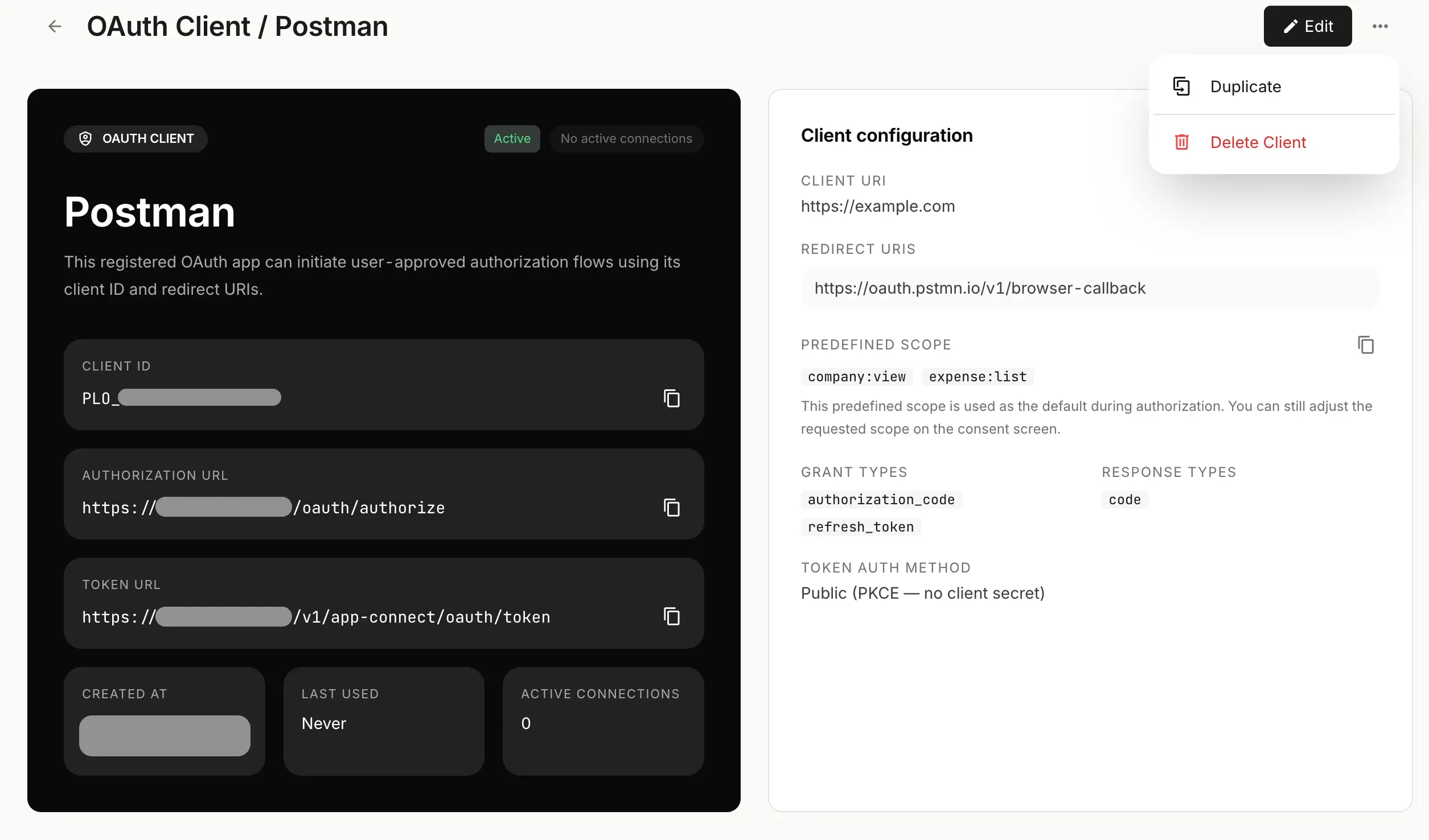 NewLedger App Connect OAuth 2.0 connections detail