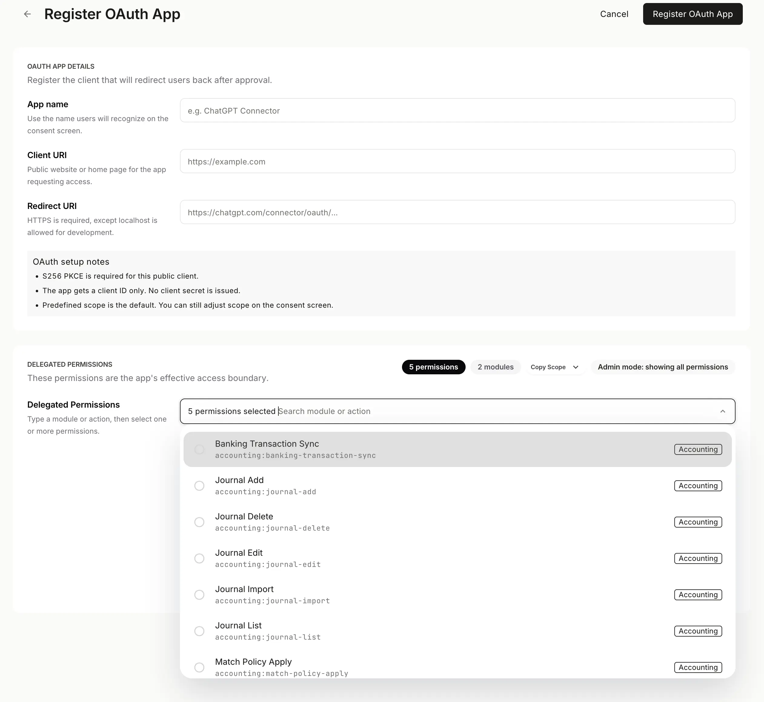 NewLedger App Connect OAuth 2.0 registration screen